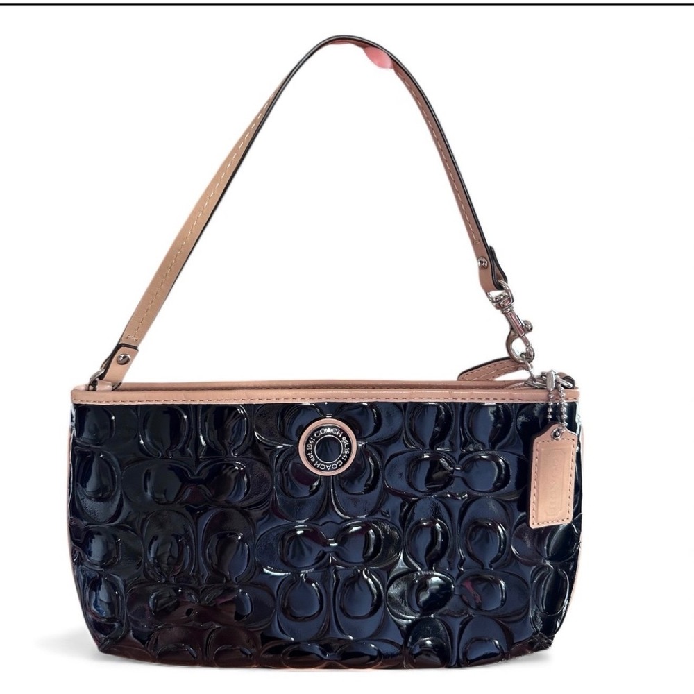 Coach‎ Patent Leather Signature "C" Black Wristlet Mini Bag Zipper Wallet Chic